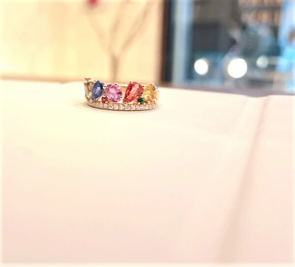 K18カラーサファイア/ダイヤ/ペリドットリング